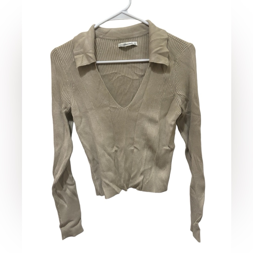 ABERCROMBIE TAN LARGE RIBBED POLO CROPPED SWEATER TOP